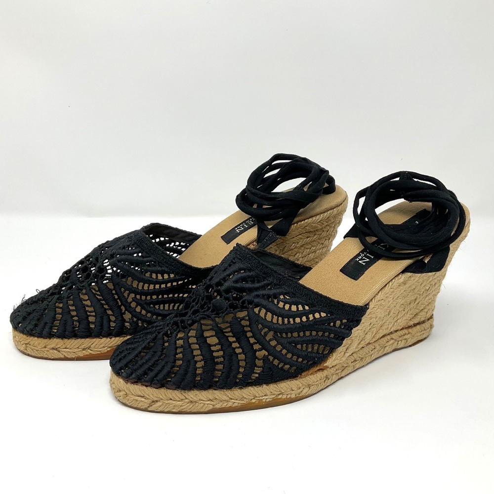Anne Klein Espadrille Wedge Sandals Black Lace Up Ankle Wrap 38 7.5 Boho Classic